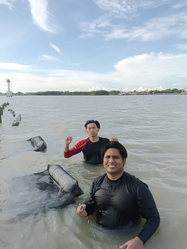 Two crew standing chest-deep beside mesh oyster baskets on a line in the Straits of Melaka